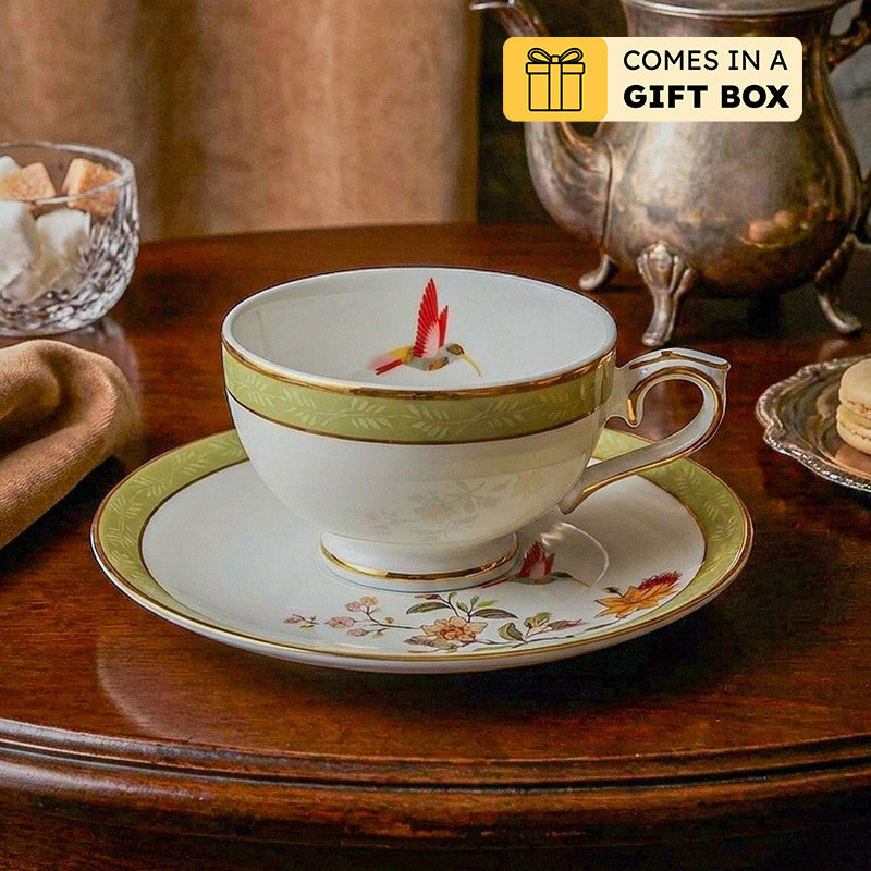 Painted Blooms 24k Gold Brushed Porcelain Tea Cup & Saucer (280 mL) - Set of Six - 280 ML