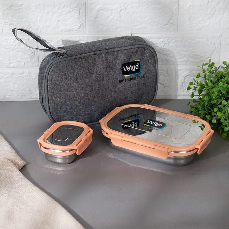 Delico Pack Peach Lunch Box With Insulated Pouch (775 mL /150 mL) - Three Piece Set media 1