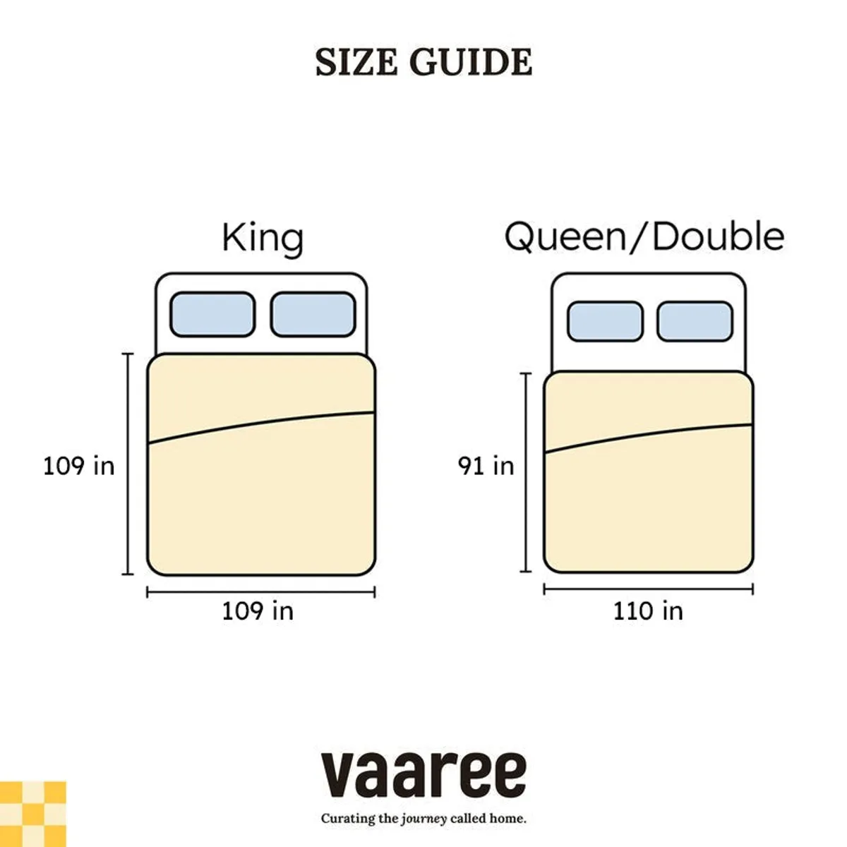 Size guide graphic showing King and Queen Double bed dimensions