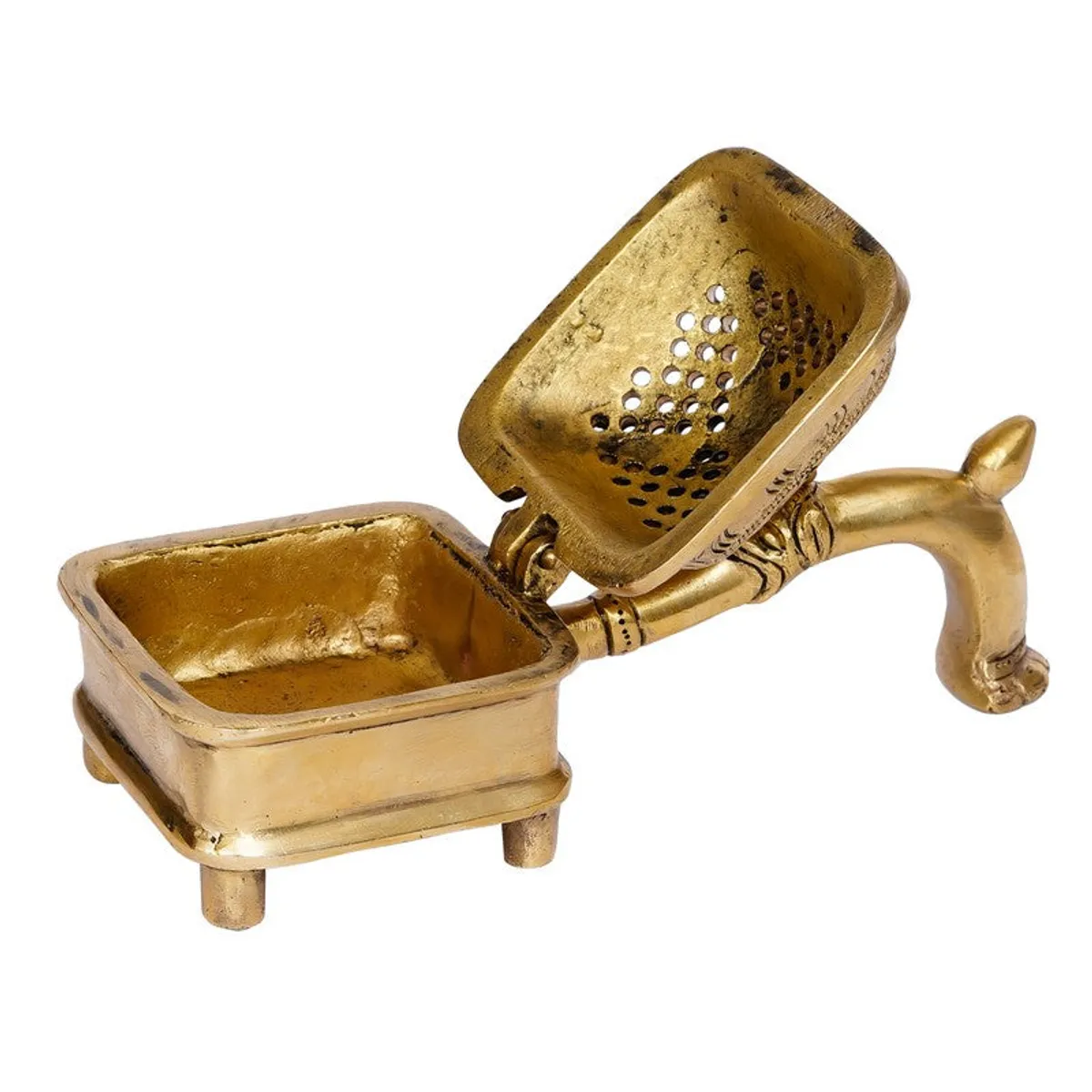 Open brass incense holder showing hinged perforated lid and inner compartment