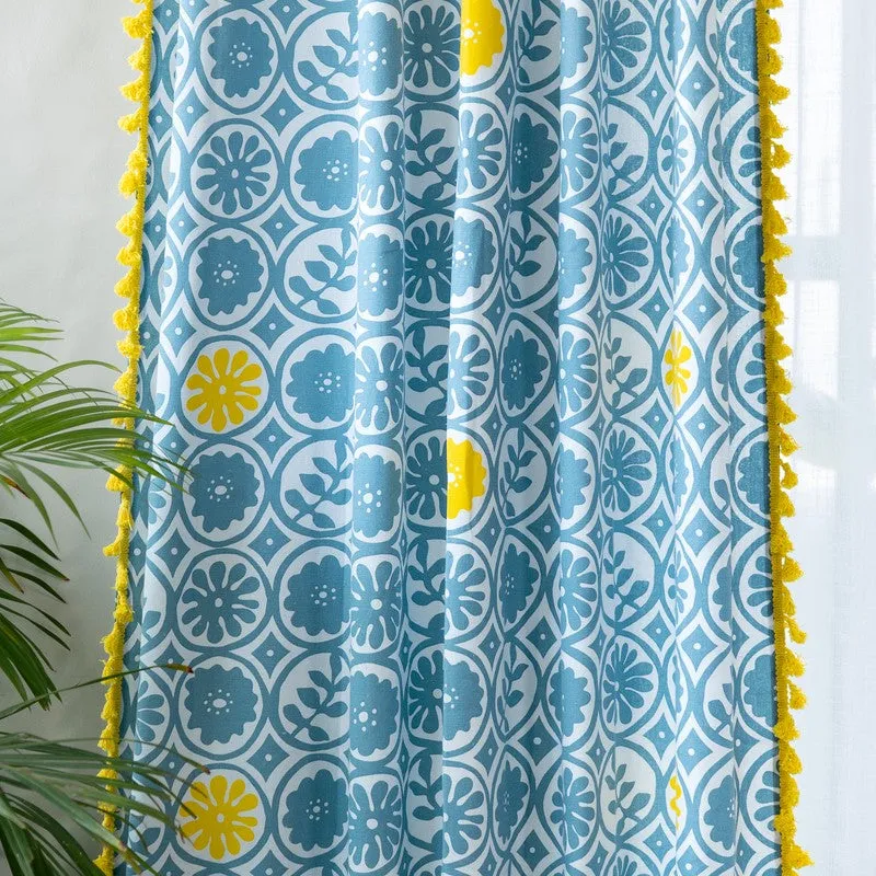 Tranquebar Home Bloom Haven Cotton Curtains(Blue) - Set Of Two media 1
