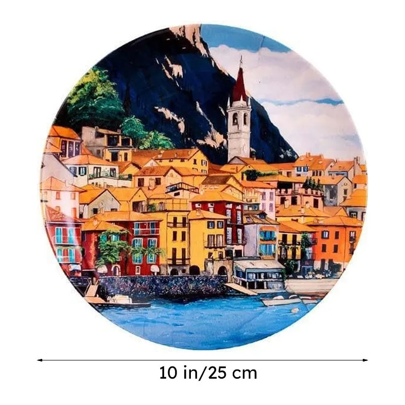 Round multicolour decorative plate with townscape artwork