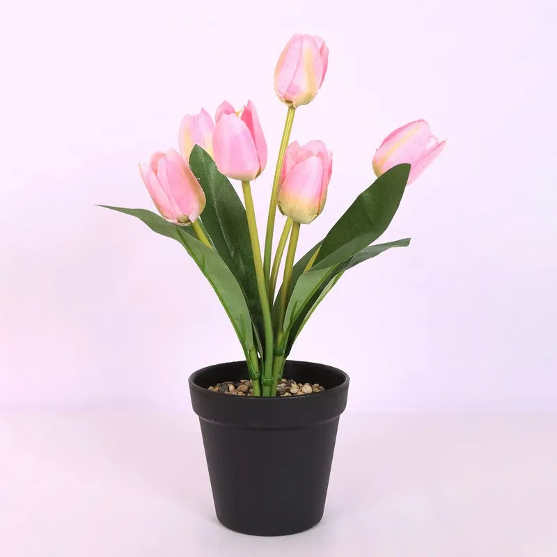 Artificial Tulip Flower Plant With Black Plastic Pot - Light Pink media 4