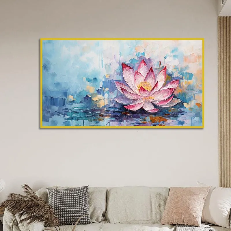 Azure Lotus Brushstrokes Floral Canvas Wall Painting With Frame - Gold media 6