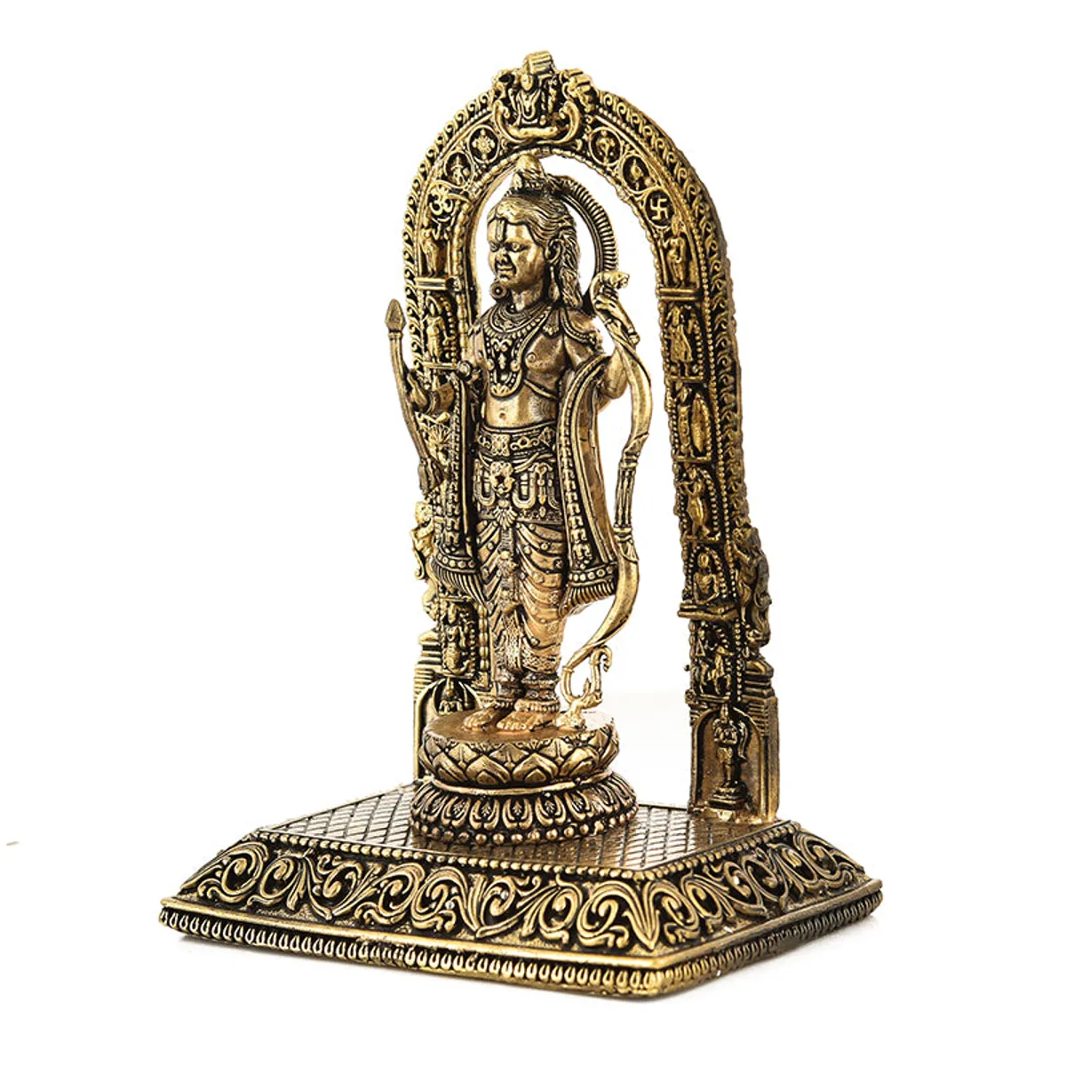 Side-angle view of a gold-toned Sriramachandra idol with ornate base and arch