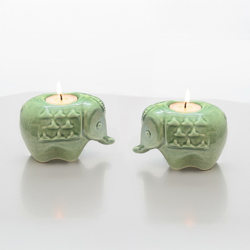 Ebony Elephant Ceramic Tea Light Candle Holders (Green) - Set Of Two media 4