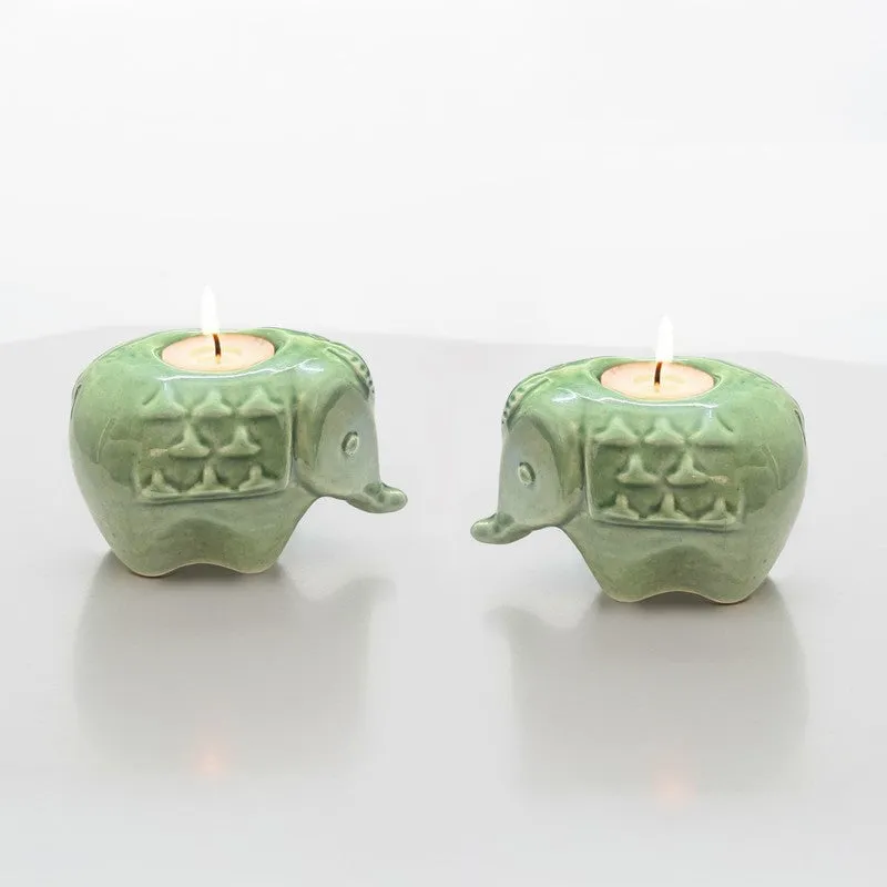 Ebony Elephant Ceramic Tea Light Candle Holders (Green) - Set Of Two media 4