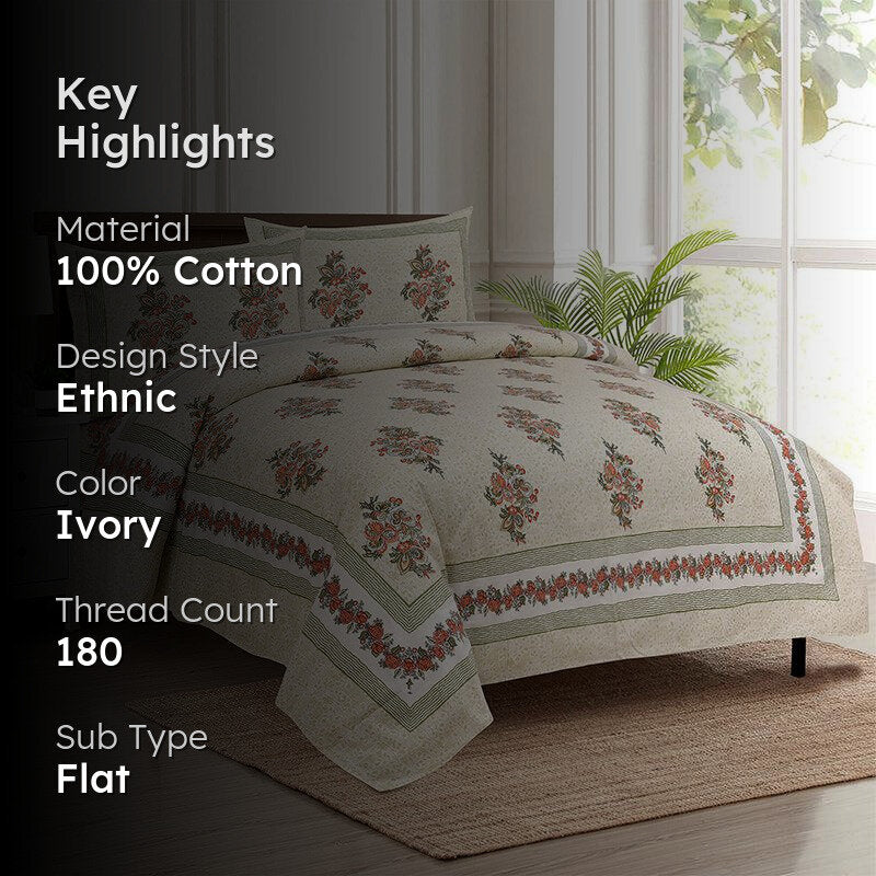 Gaja Floral Cotton Bedsheet (Ivory,Peach) - 180 TC media 2