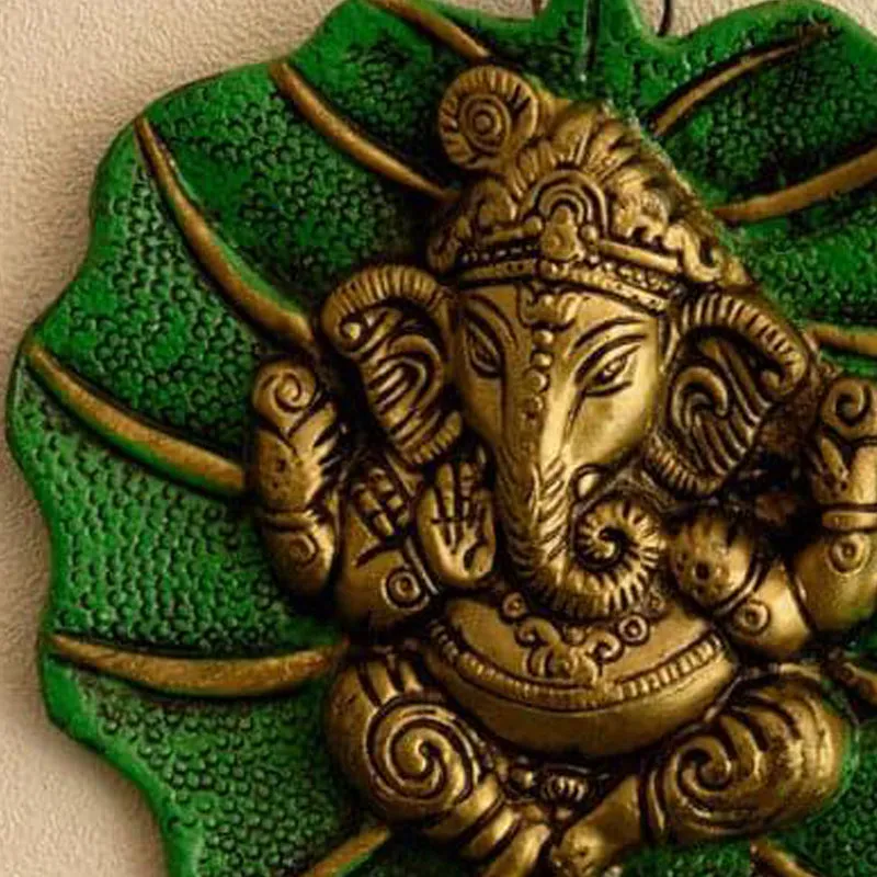 Lord Ganesha On Green Leaf Metal Wall Accent media 5