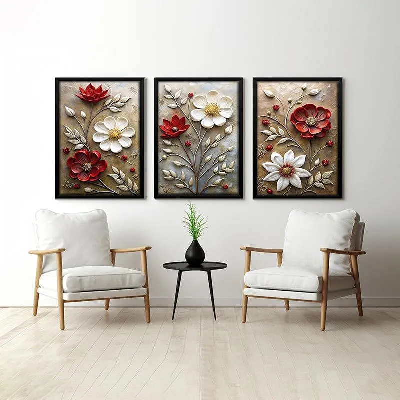 Crimson & Ivory Wall Art With Frame - Set Of Three media 1