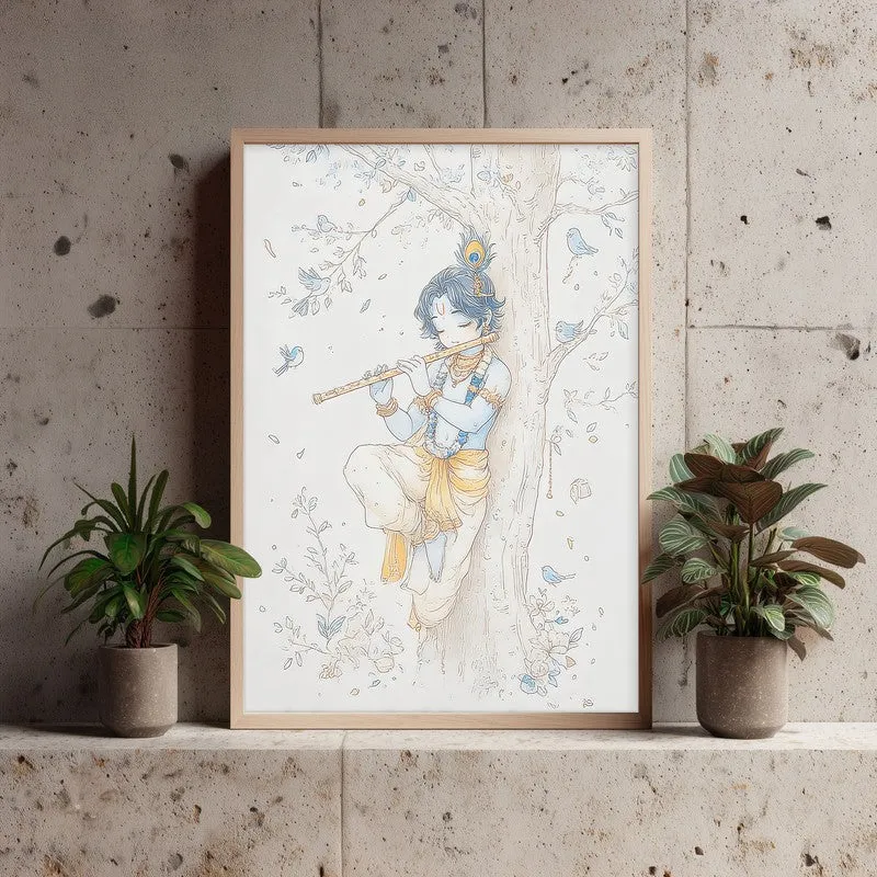 Baal Krishna Playing Fluit Archival Paper Wall Art - Natural Brown Frame media 4