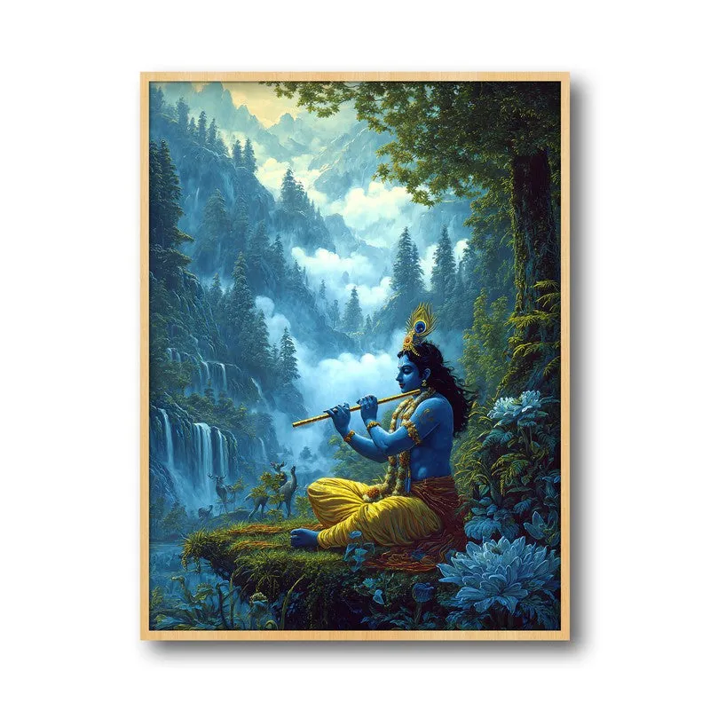 Vrindavan Bihari Lord Krishna Playing Fluit IV Archival Paper Wall Art - Natural Brown Frame media 5