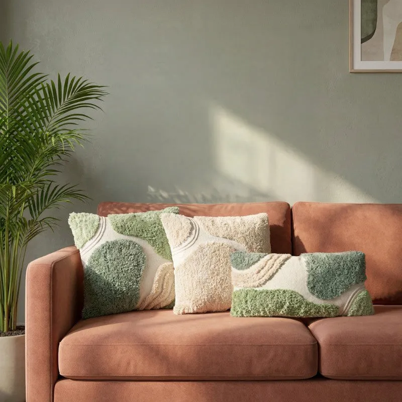 Soft Charm Tufted Cotton Cushion Cover (Green) - Set of Three - 1