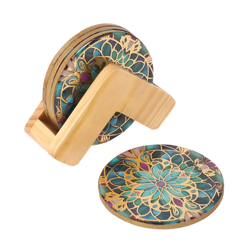 Floral Feast Wooden Coasters with Stand - Five Piece Set media 3