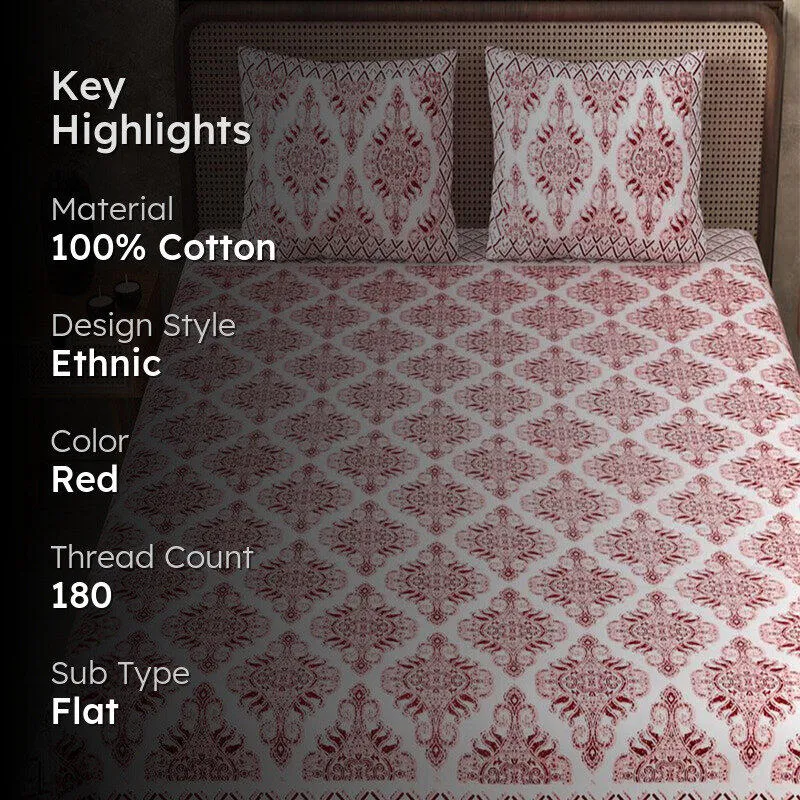 Dhutha Ethnic Cotton Bedsheet (Red) - 180 TC media 2