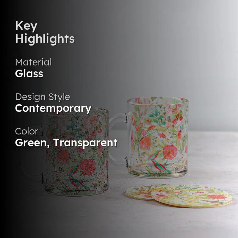 India Circus Vine Blooms Glass Mug With Coaster (325 mL Each) - Four Piece Set media 2