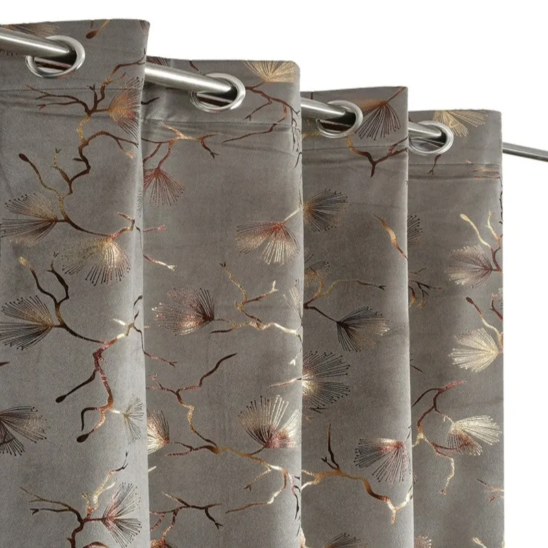 Soft Edge Printed Velvet Curtain - Grey,Gold media 3