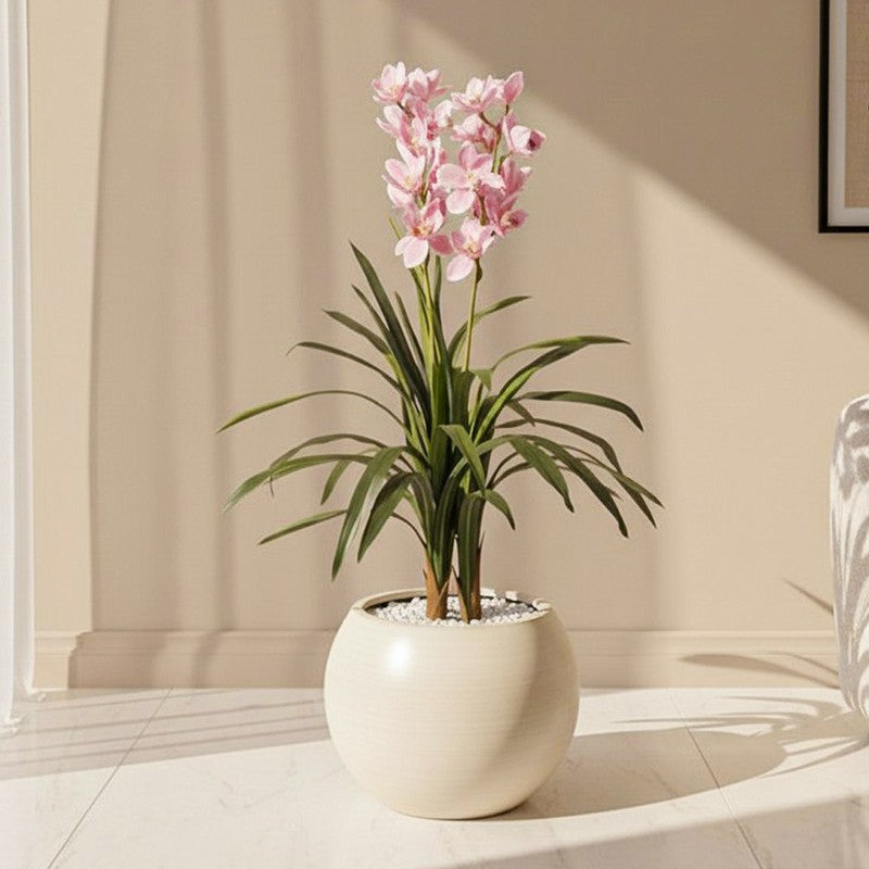 Lifelike Cymbidium Orchid Artificial Plat With Black Plastic Pot
