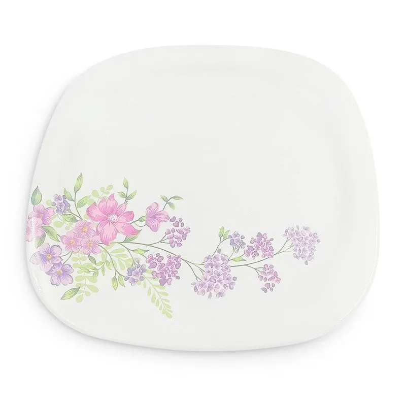 White square dinner plate with a delicate pink and lilac floral border