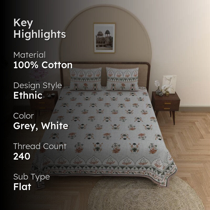 Mustafa Printed Cotton Bedsheet (Grey) - 240 TC media 2