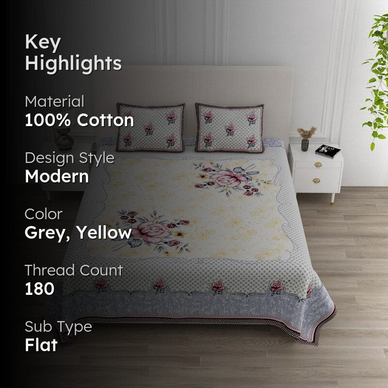 Jasper Floral Cotton Bedsheet (Grey,Yellow) - 180 TC media 2