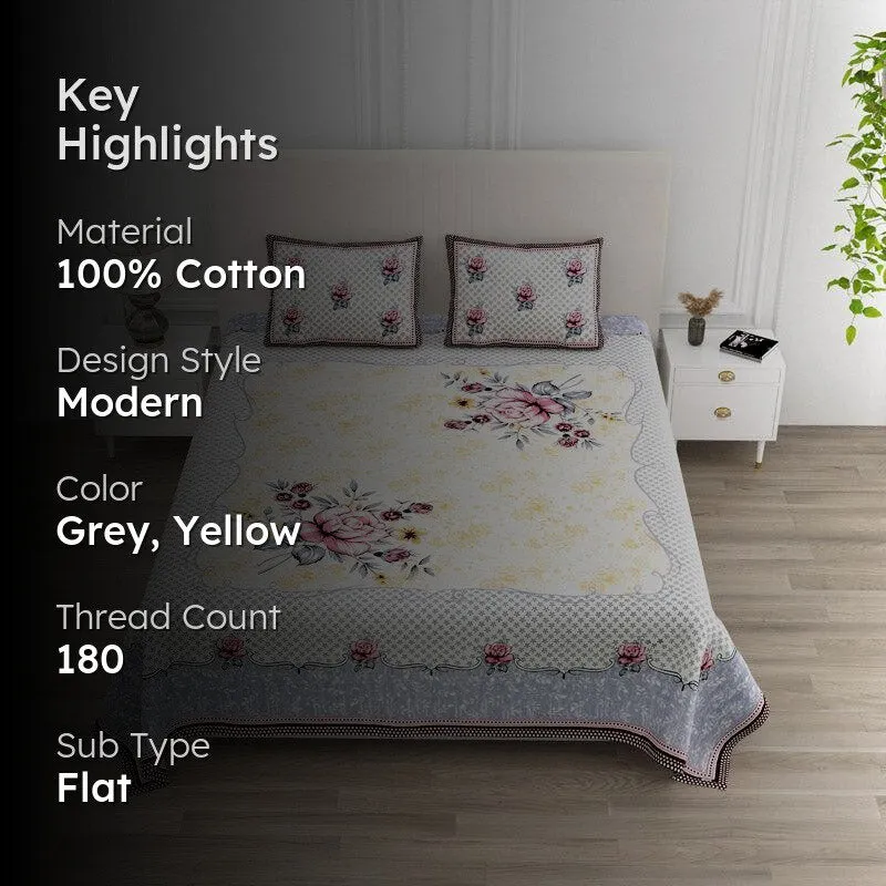 Jasper Floral Cotton Bedsheet (Grey,Yellow) - 180 TC media 2