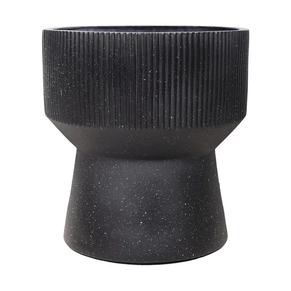 Close product view of the black speckled ribbed pedestal planter on white.