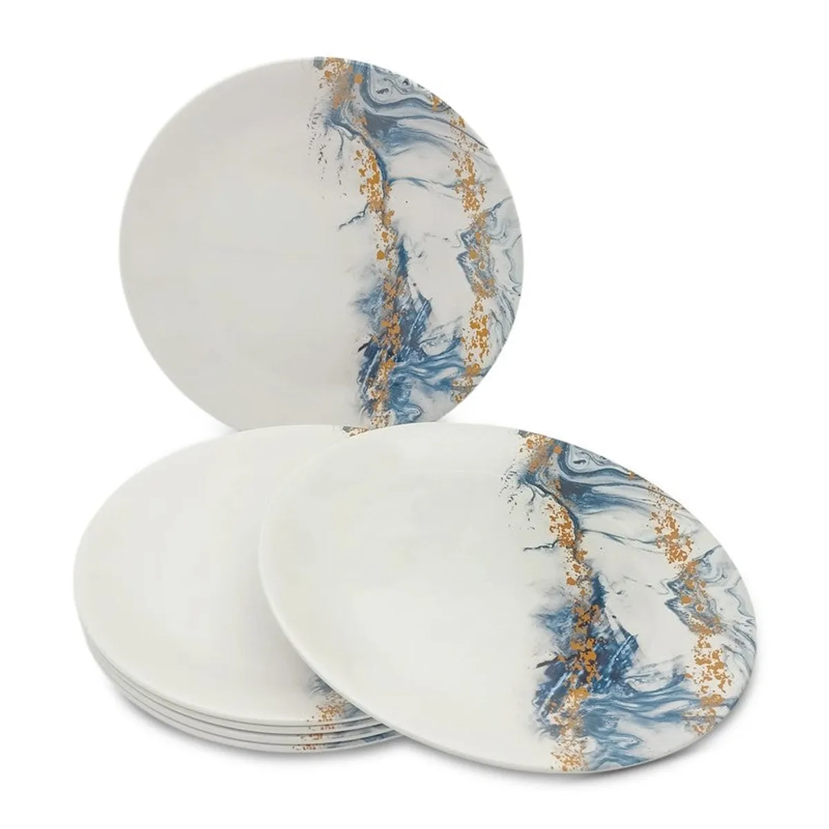 Three white round plates with blue and gold marbled detailing arranged in a stack