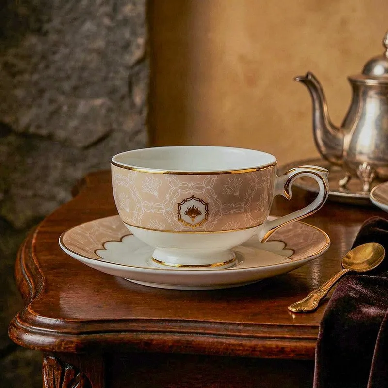Gilded Legacy 24k Gold Brushed Porcelain Tea Cup & Saucer (Peach/ 280 mL) - Set of Six media 3