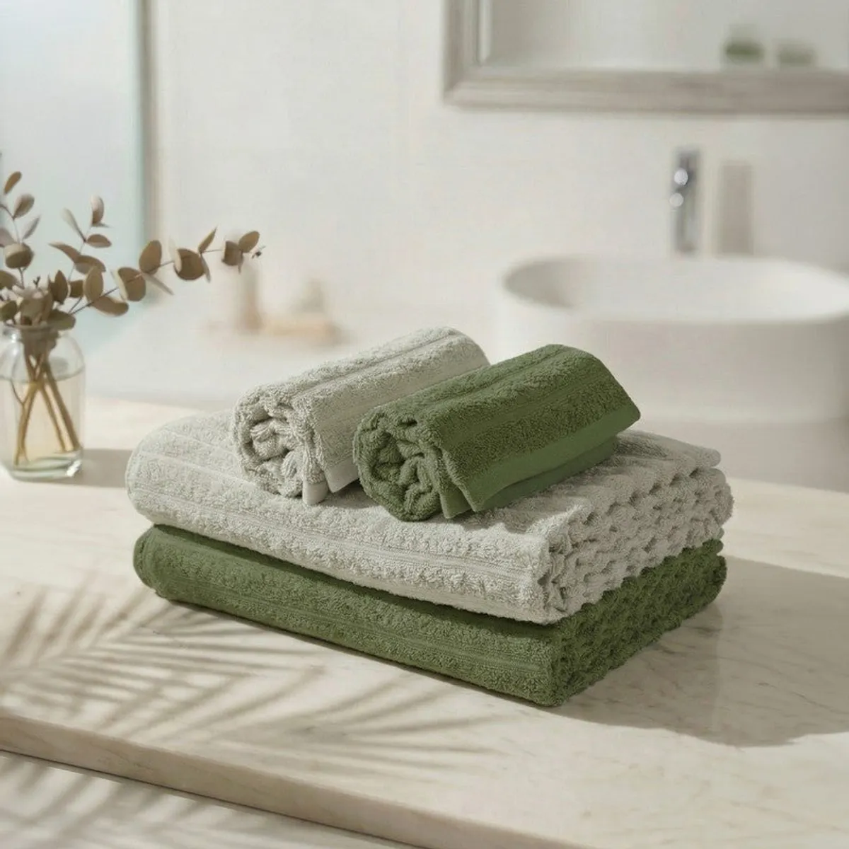 Stack of green and grey towels on a bathroom counter