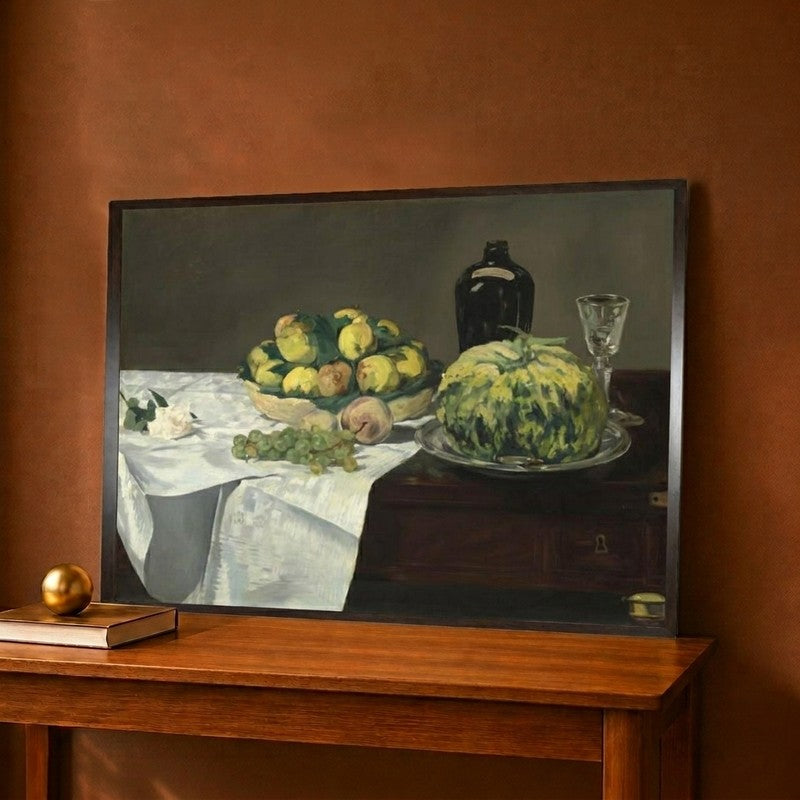Still Life with Melon and Peaches c.1866 Canvas Wall Painting - 12 x 9 Inches