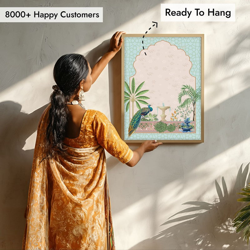 Gul-E-Peacock Framed Mughal Canvas Archival Canvas Wall Painting - Natural Brown Frame media 8
