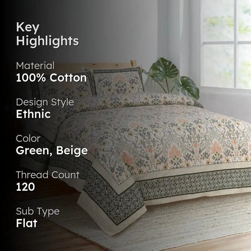 Mughal Jaali Printed  Cotton Bedsheet (Green & Beige (120 TC) - 120 TC media 2