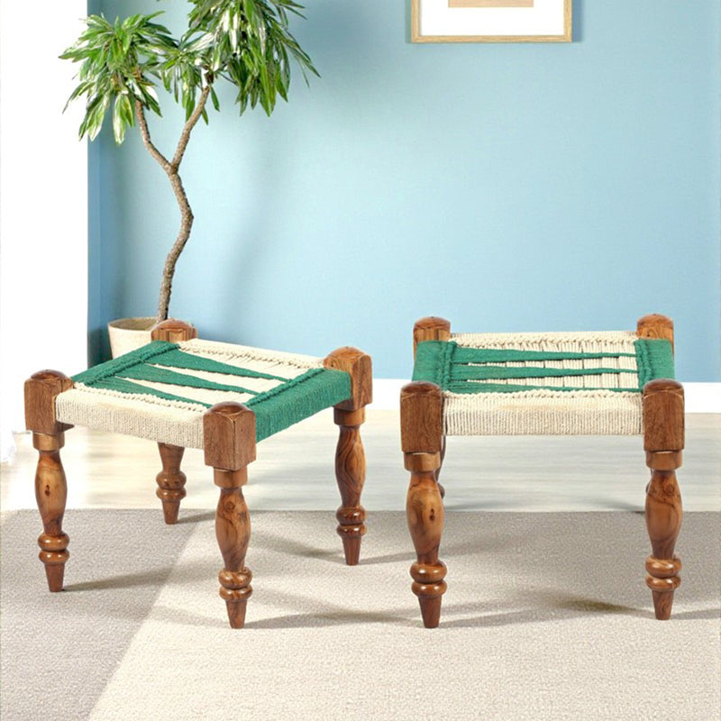Hynex Sheesham Wooden Stools (Green,White) - Set Of Two