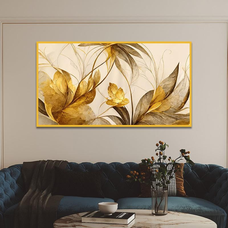 Shades Of Autumn Floral Canvas Wall Painting With Frame - Gold
