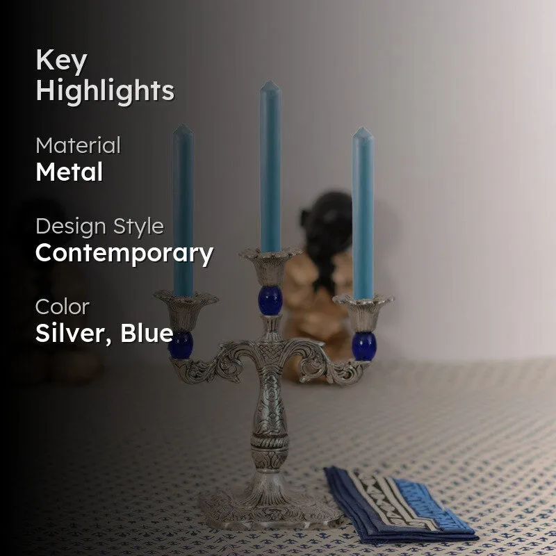Candle holder with blue candles and key highlights graphic overlay