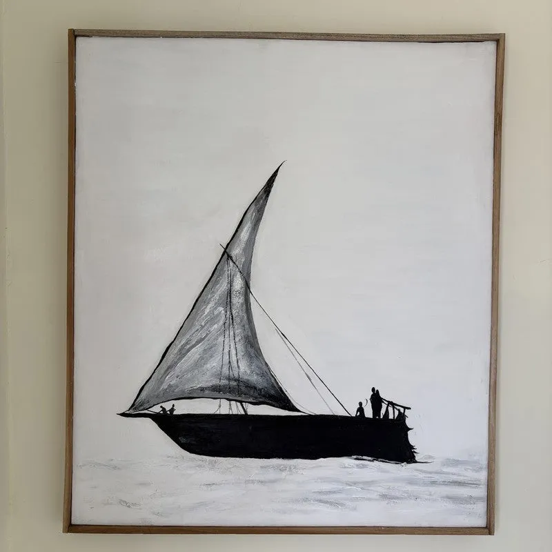 Front view of monochrome ship wall art with slim wood-toned edging