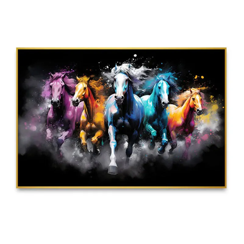 Cosmic Stallions Canvas Wall Painting With Frame - Gold media 3