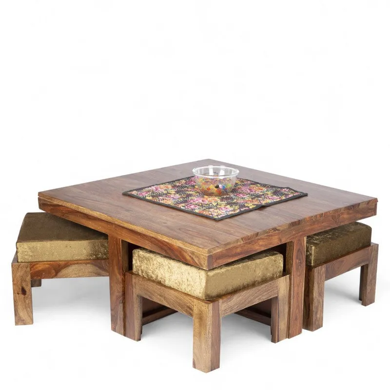 Evrino Sheesham Wooden Center Table with Stools and Cushions (Brown,Gold) - Nine Piece Set media 4