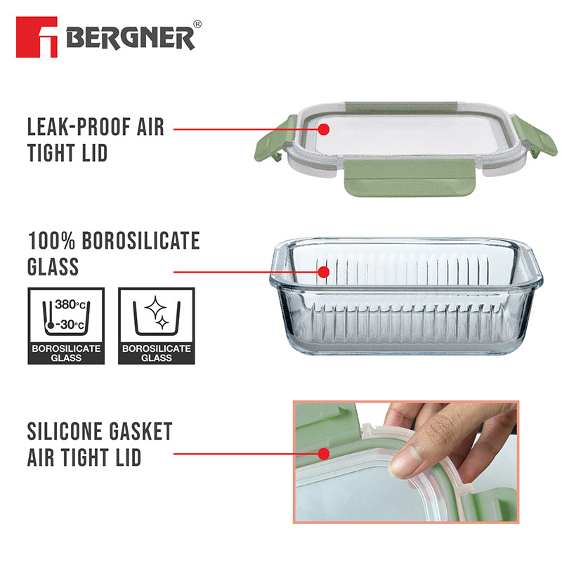 Bergner Glass Vault Airtight Glass Tiffin Box (Green) - 1500 mL media 6