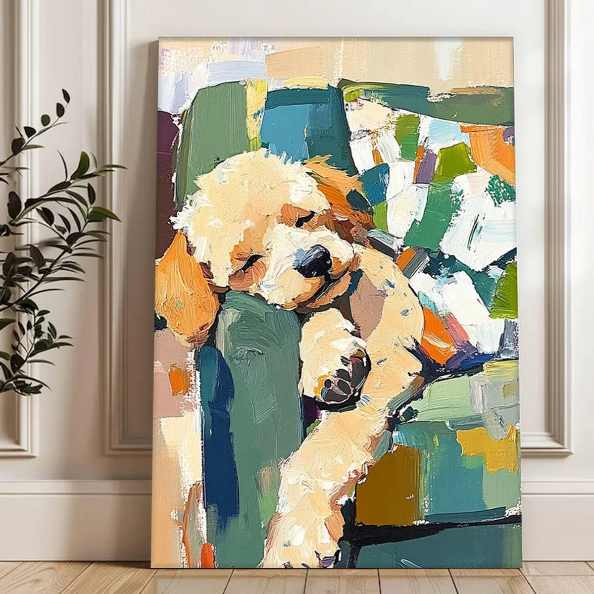 Frameless abstract puppy canvas painting leaning against a wall beside a plant