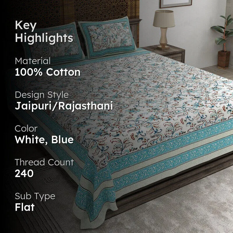 Desily Cotton Bedsheet (White,Blue) - 240 TC media 2