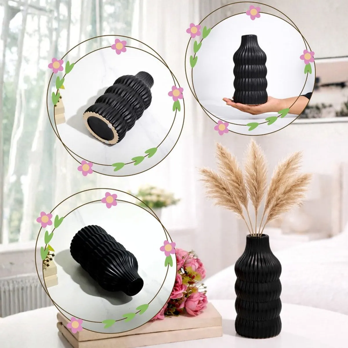 Black vase shown upright and lying down in a styled collage