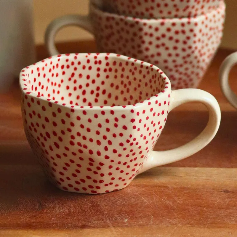 Polka Ceramic Tea Cup (230 mL)/White,Red) media 1