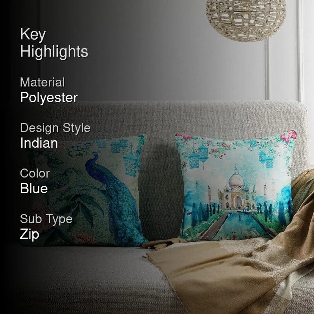 Styled sofa image with text highlights for polyester material, Indian style and blue colour
