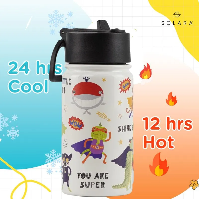 White illustrated kids bottle with black lid on colourful promotional background