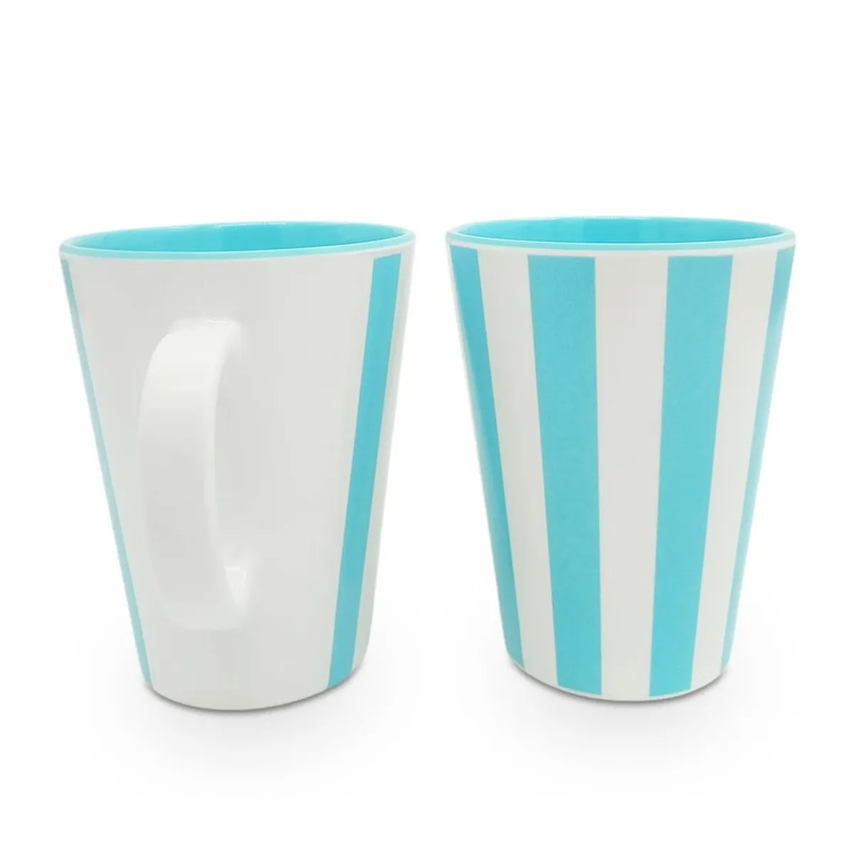 Two aqua-and-white striped mugs showing a plain white handle side and striped side