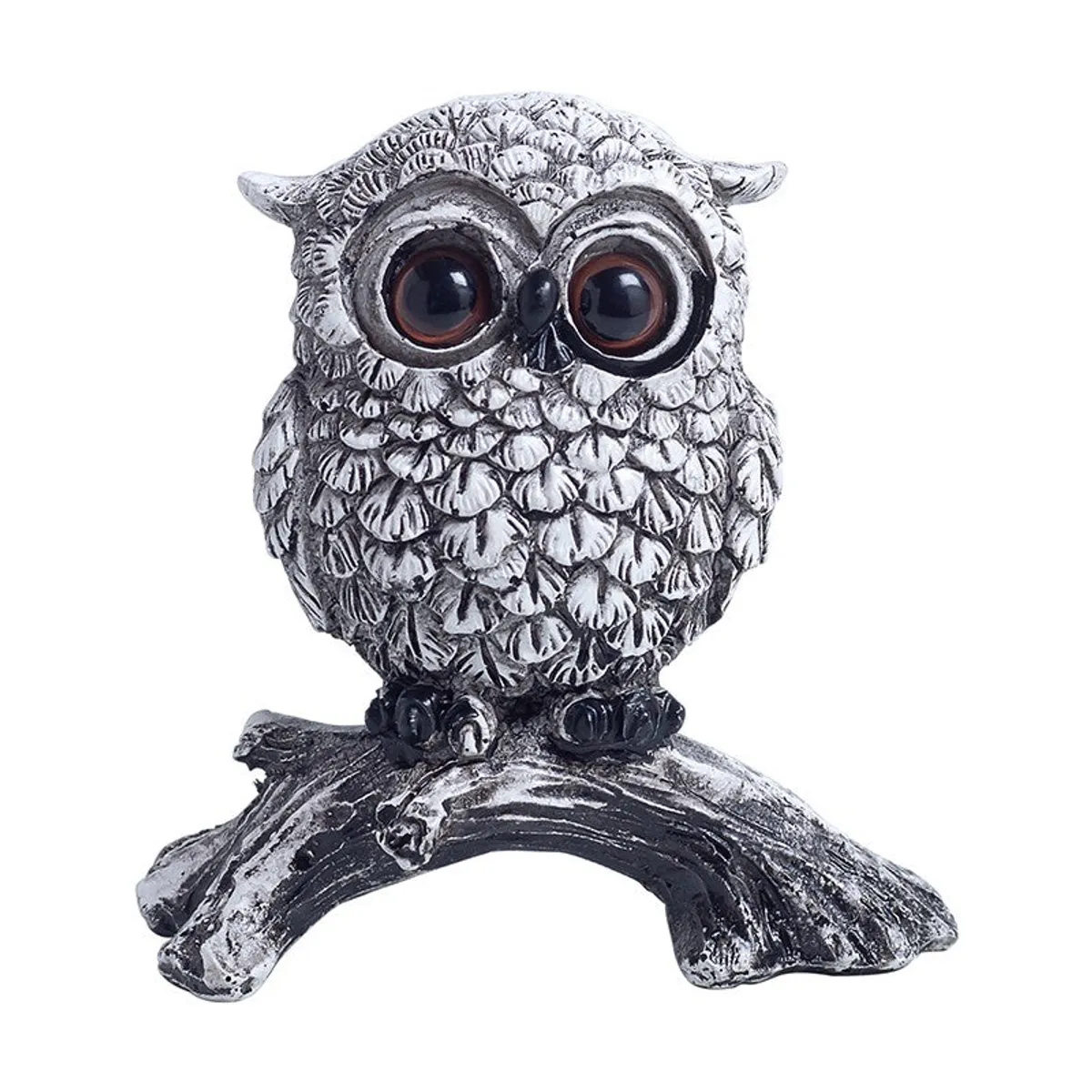 Front view of a silver owl showpiece on a white background
