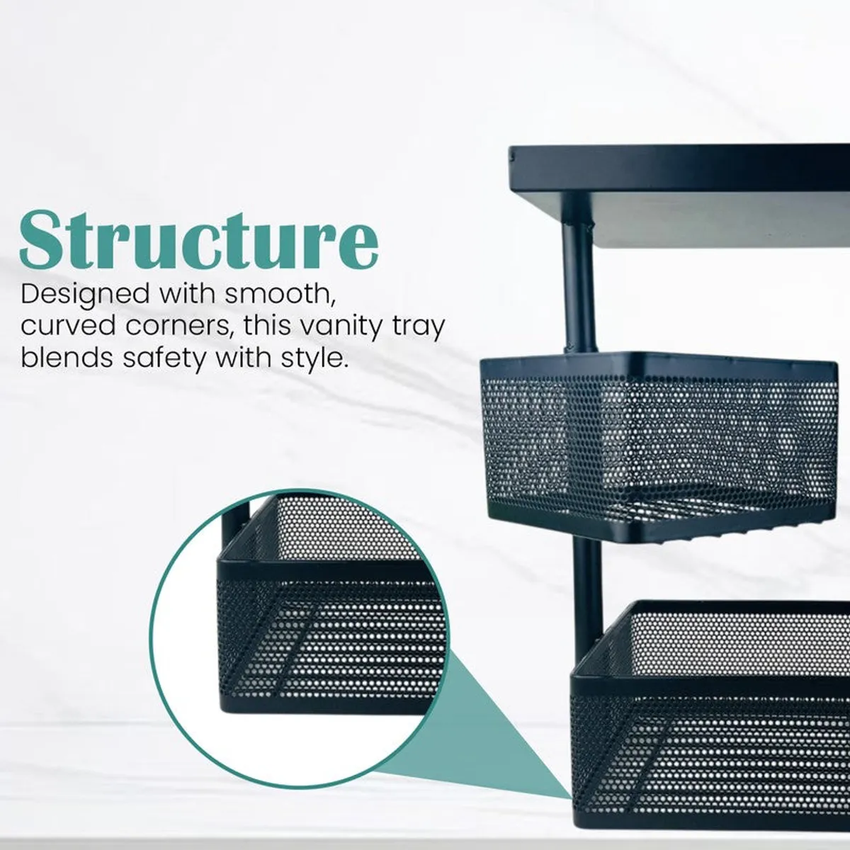 Close-up of black mesh basket rack with rounded corners and top shelf