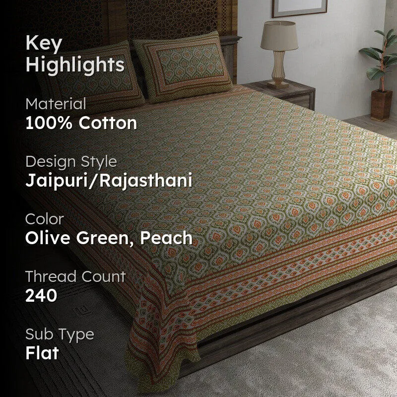 Leafa Cotton Bedsheet (Olive Green,Peach) - 240 TC media 2